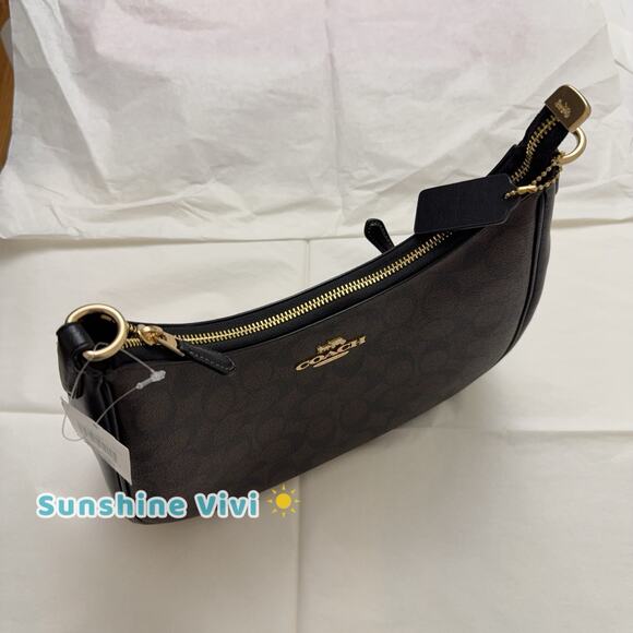 NWT Coach Teri Hobo Bag In Signature Canvas CK161 Gold/Walnut/Black - Picture 3 of 10